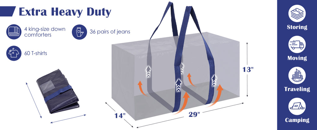 RMOHRO 6 Pack Moving Bags Heavy Duty 210GSM with Full-Open Side Zipper, 93L 65lbs Waterproof Foldable Storage Totes for College Dorm Move-In, Moving Boxes Alternative & Home Organization, Blue