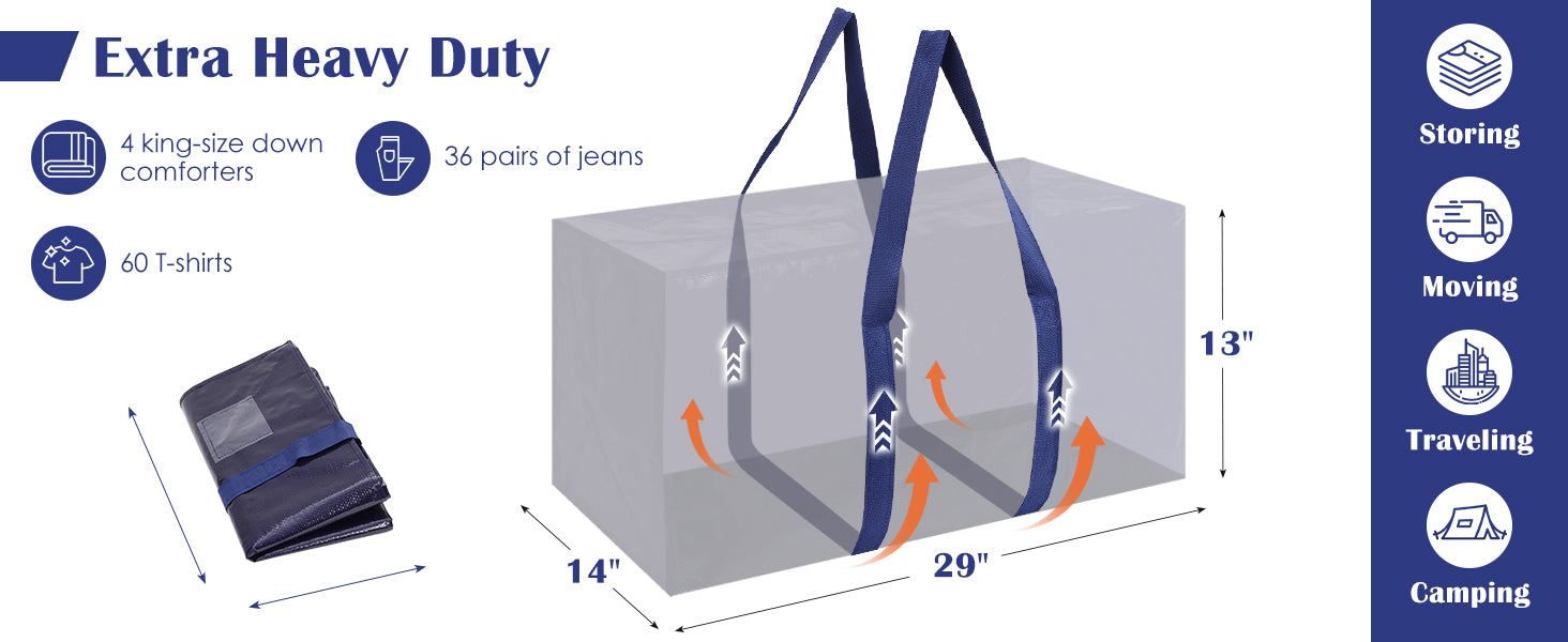 RMOHRO 6 Pack Moving Bags Heavy Duty 210GSM with Full-Open Side Zipper, 93L 65lbs Waterproof Foldable Storage Totes for College Dorm Move-In, Moving Boxes Alternative & Home Organization, Blue