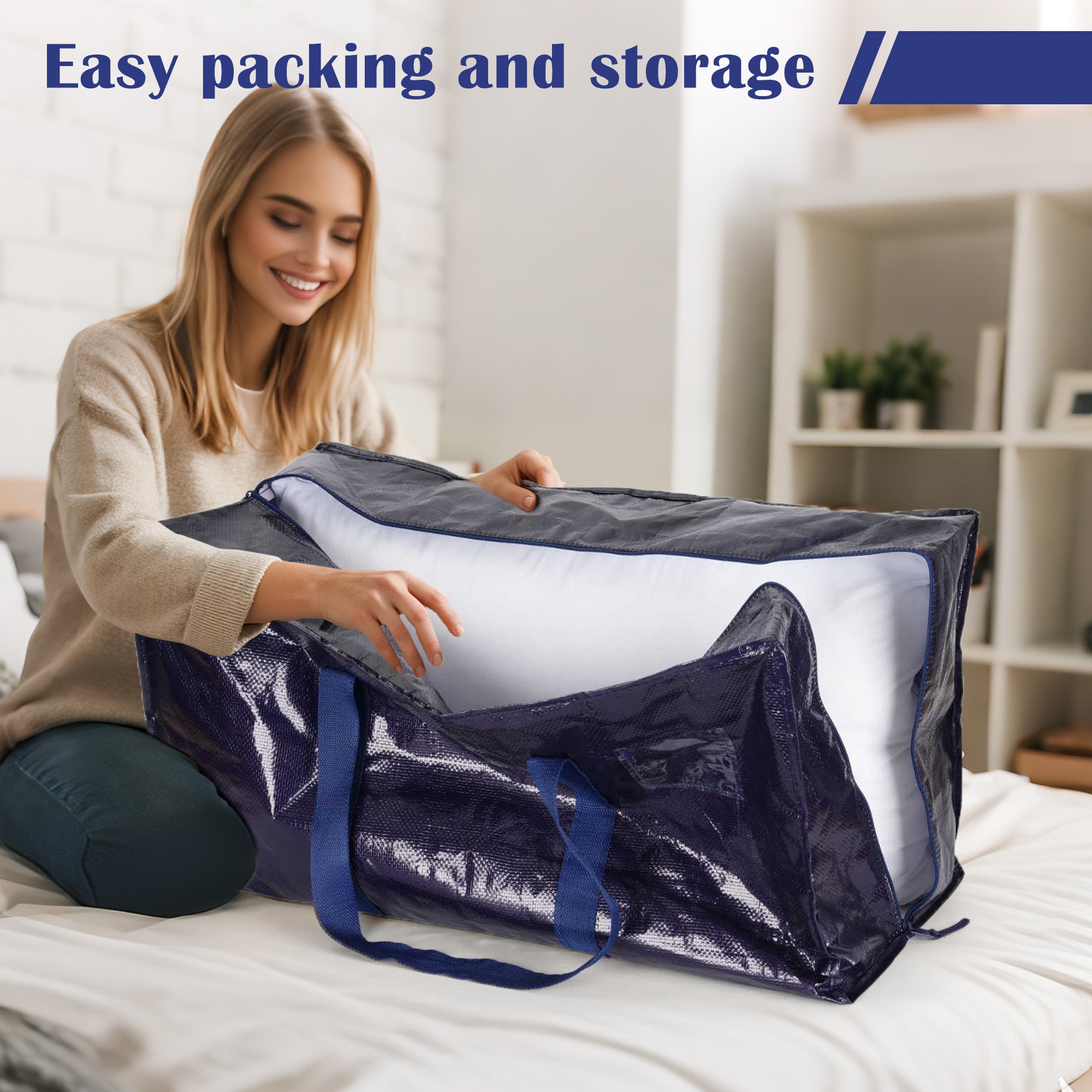 RMOHRO 6 Pack Moving Bags Heavy Duty 210GSM with Full-Open Side Zipper, 93L 65lbs Waterproof Foldable Storage Totes for College Dorm Move-In, Moving Boxes Alternative & Home Organization, Blue