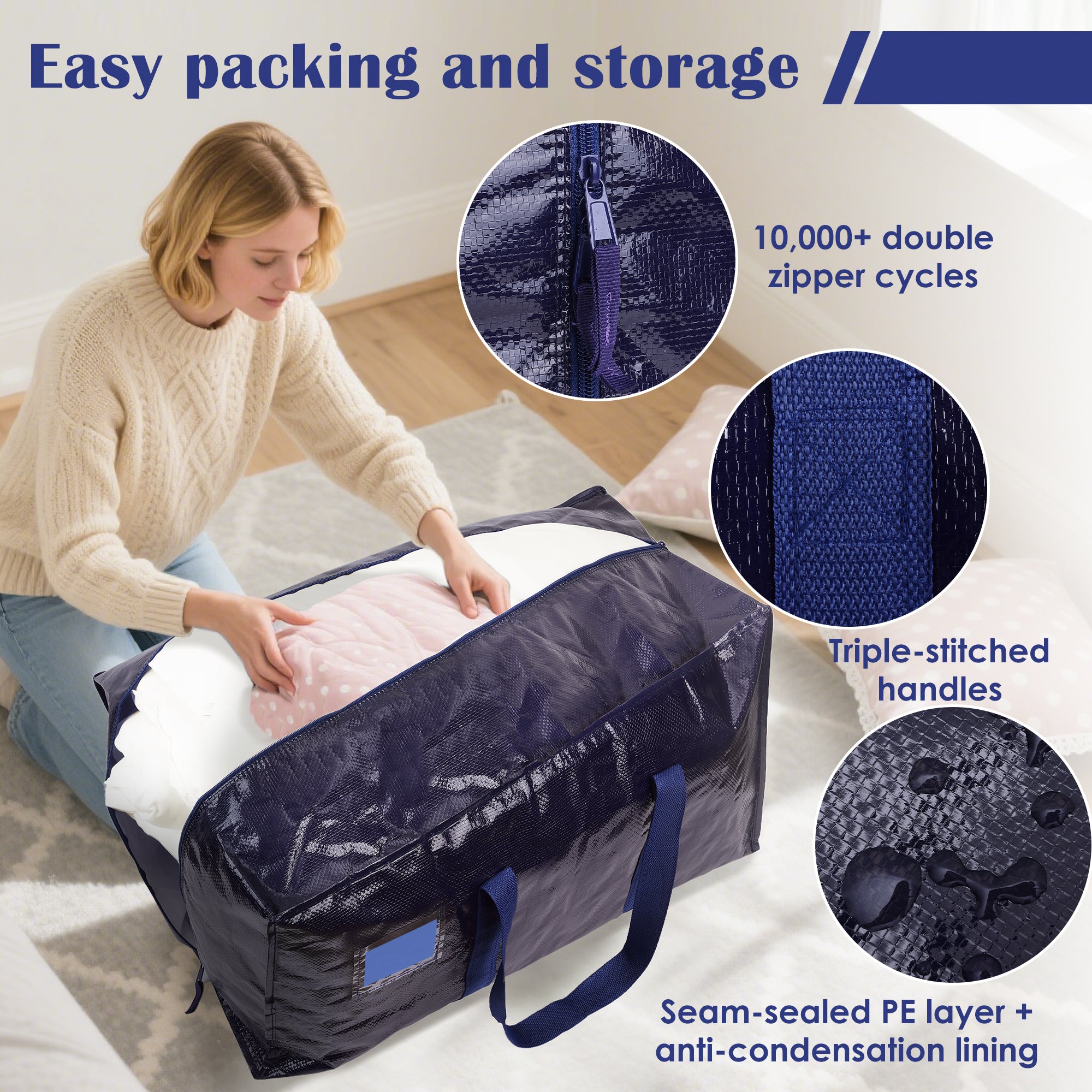 RMOHRO 6 Pack Moving Bags Heavy Duty 210GSM with Full-Open Side Zipper, 93L 65lbs Waterproof Foldable Storage Totes for College Dorm Move-In, Moving Boxes Alternative & Home Organization, Blue