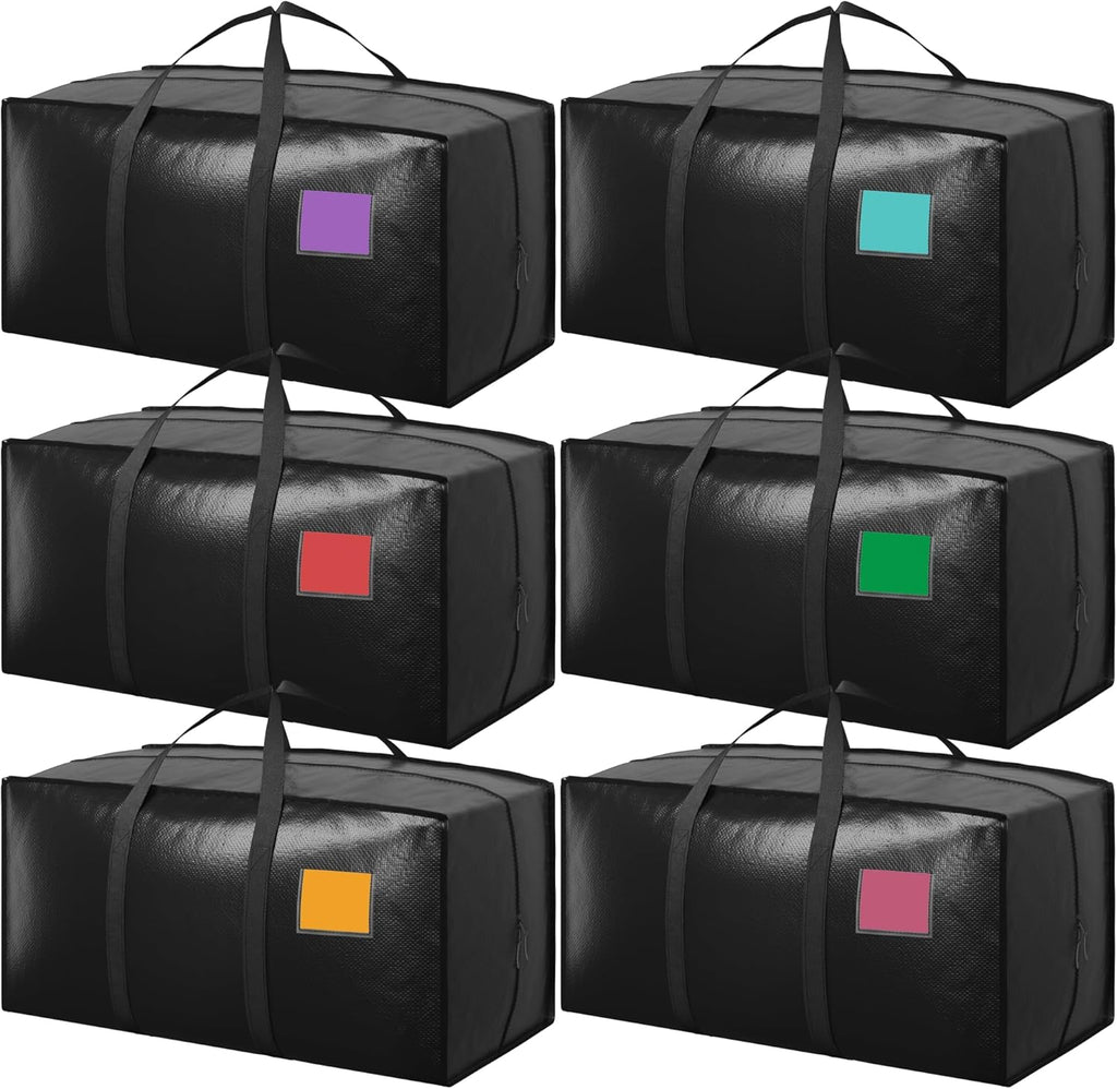 RMOHRO 6 Pack Moving Bags with Full-Open Side Zipper, Extra Large 93L Heavy Duty Waterproof Foldable Storage Totes for College Dorm, Moving & Home Organization Black